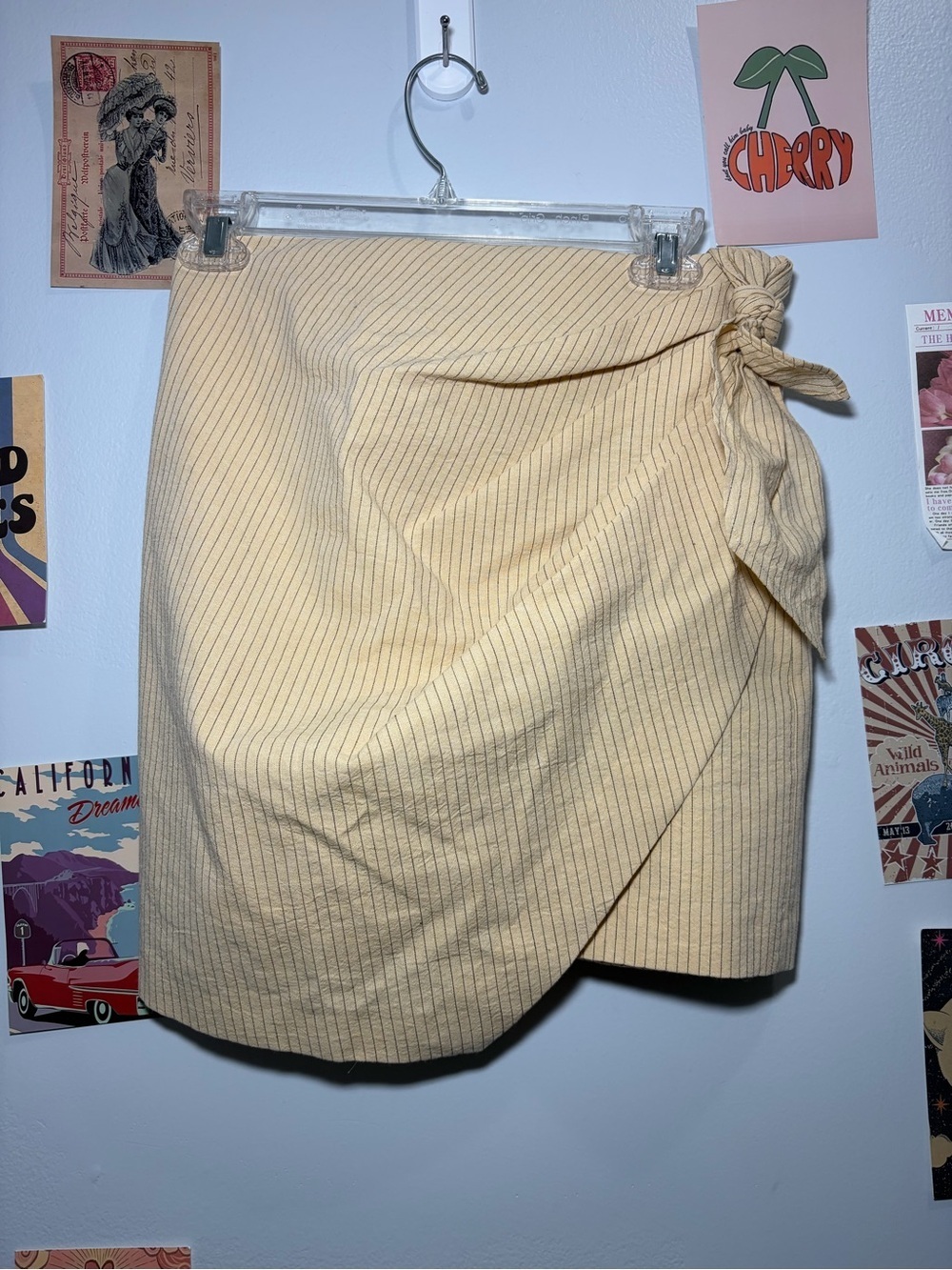 Zara Cream Pinstripe Wrap Mini Skirt with Side Tie